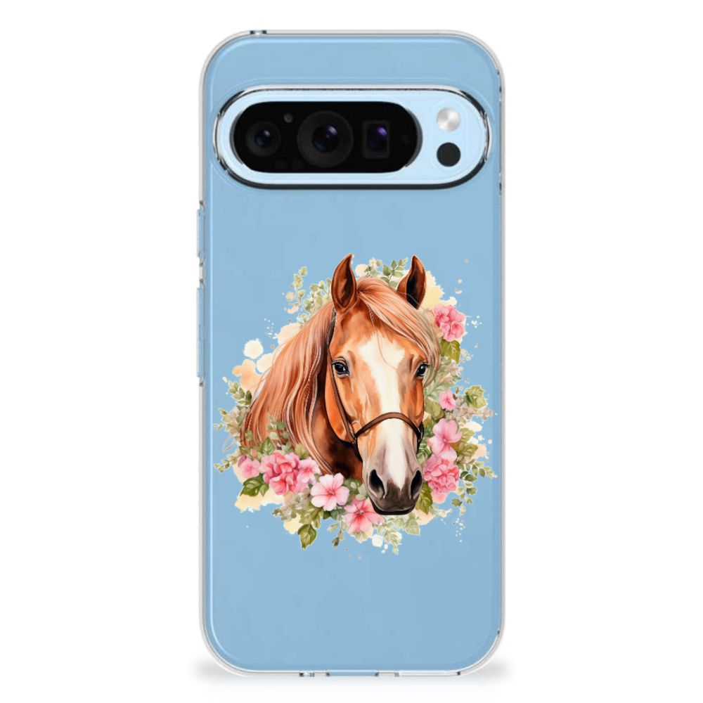 TPU Hoesje voor Google Pixel 9 | 9 Pro Paard paardenhoofd bloemen aanzicht