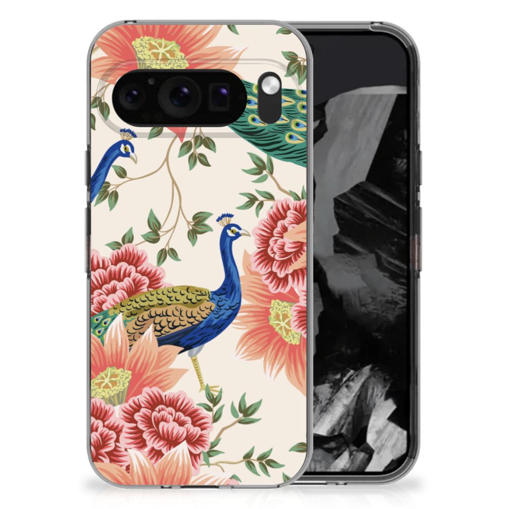 TPU Hoesje voor Google Pixel 9 Pro XL Pink Peacock design pauw bloemen achterkant