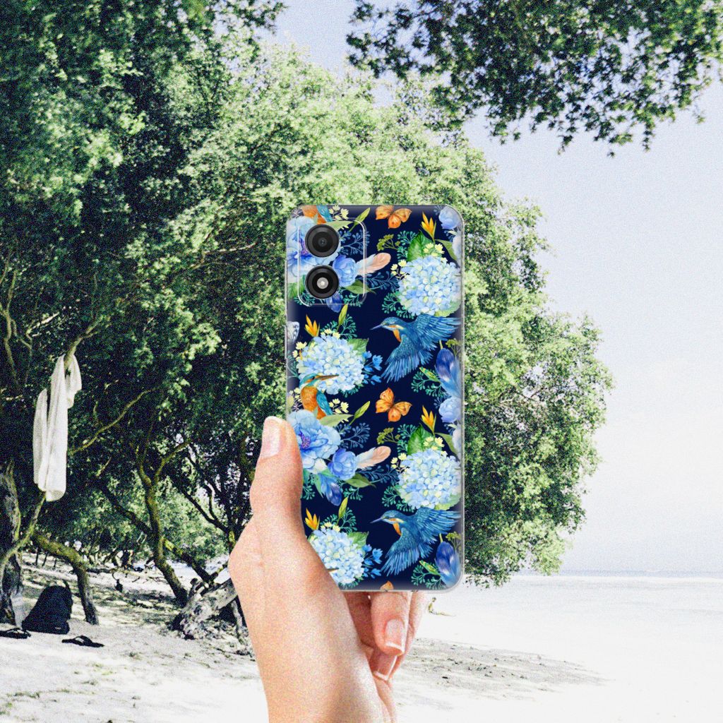 Motorola Moto E13 TPU Hoesje IJsvogel achteraanzicht bloemen
