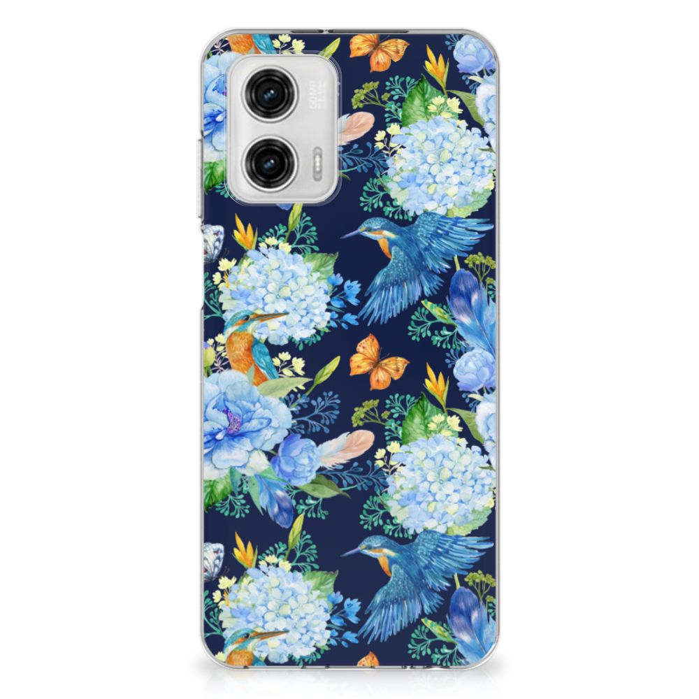 Motorola Moto G73 TPU Hoesje IJsvogel design bloemen aanzicht