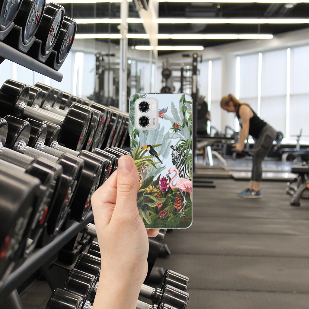 Motorola Moto G73 TPU Hoesje Jungle design achterkant in de hand