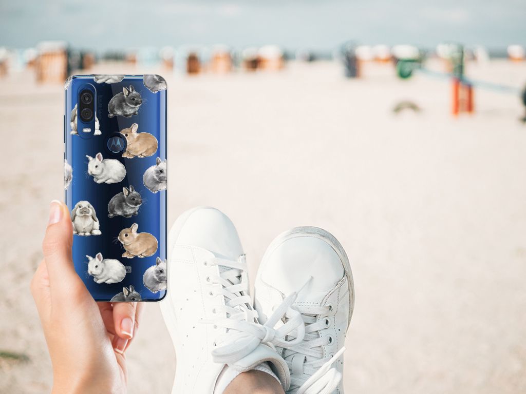 Motorola One Vision TPU Hoesje Konijntjes design hand strand