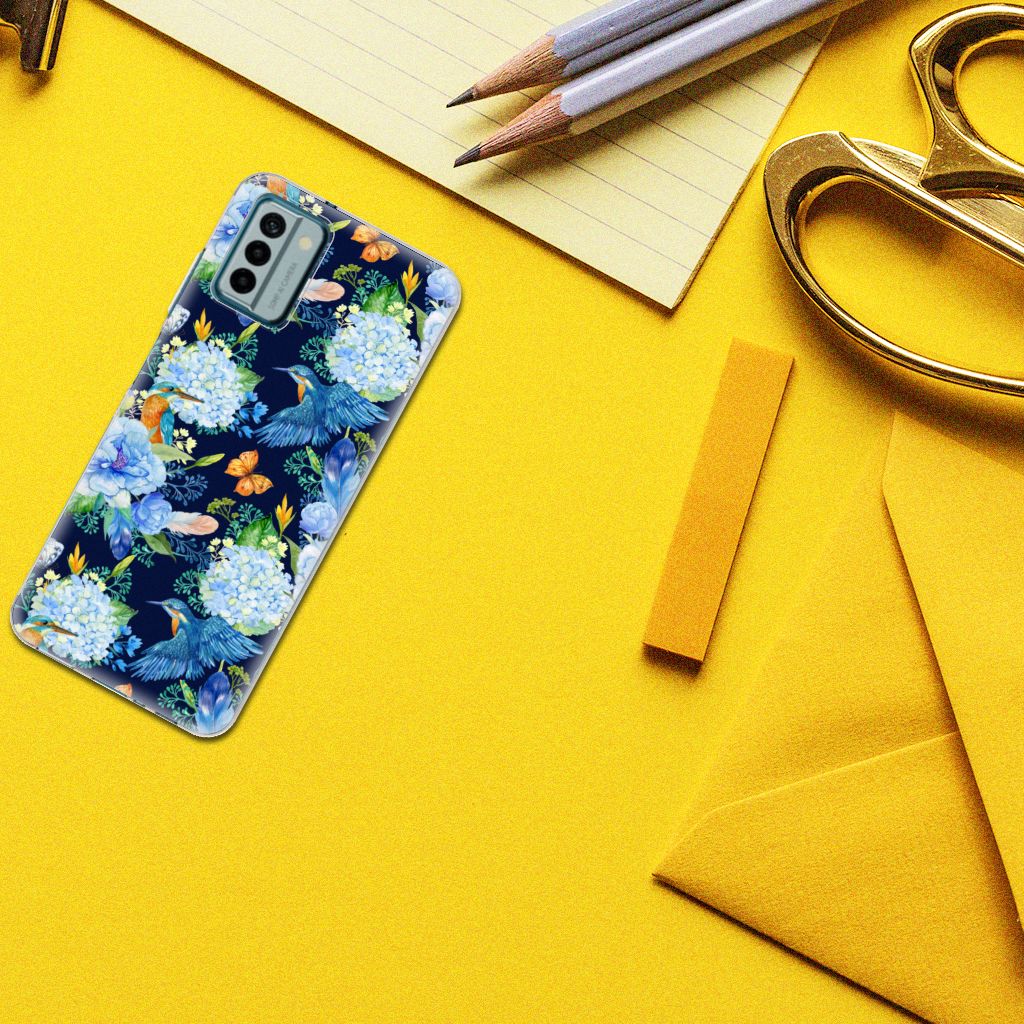 Nokia G22 TPU Hoesje IJsvogel bloemen design bovenaanzicht