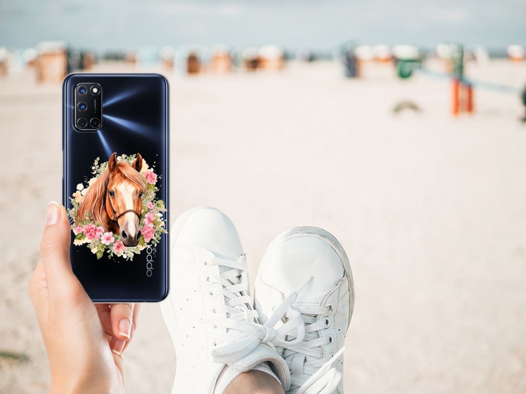 TPU Hoesje voor OPPO A52 | A72 Paard telefoonhoesje met paard en bloemen aanzicht