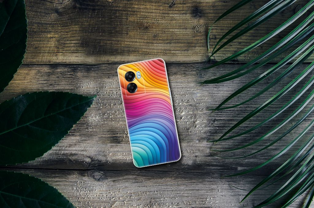 TPU Hoesje voor OPPO A77 | A57 5G Regenboog met kleurrijk golvend ontwerp op een houten achtergrond
