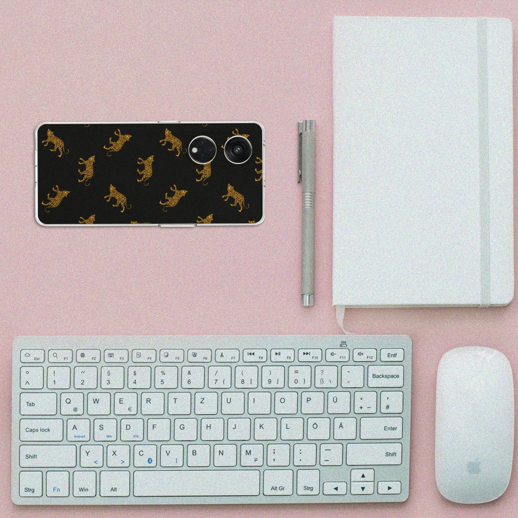 TPU Hoesje voor OPPO Reno8 T 5G Leopards bovenaanzicht telefoon toetsenbord notitieboek pen