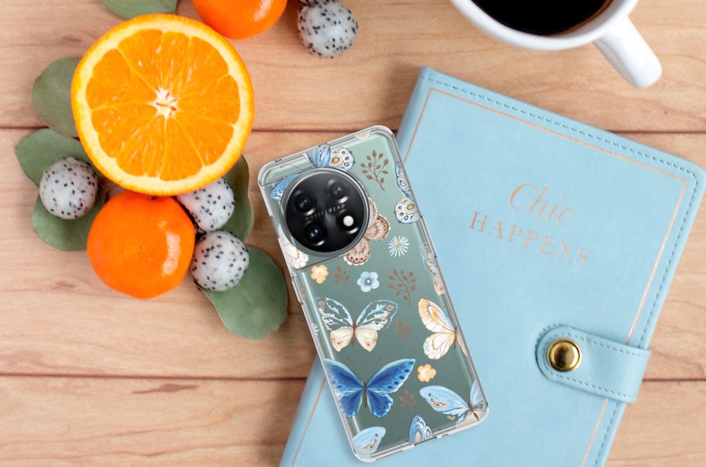 OnePlus 11 TPU Hoesje Vlinder foto bovenzijde met fruit en notitieboek
