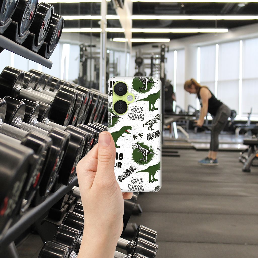 OnePlus Nord CE 3 Lite TPU Hoesje Dinosaurus achterkant hand dino ontwerp gym