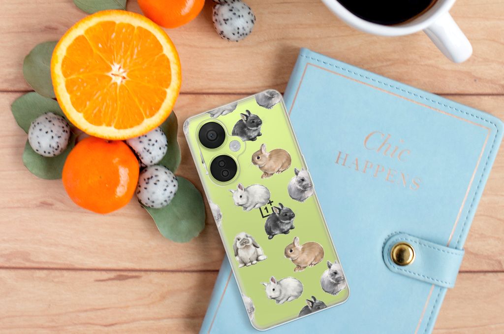TPU Hoesje voor OnePlus Nord CE 3 Lite Konijntjes met schattige konijnen op een groene achtergrond 🍏.