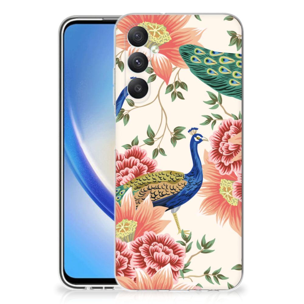 TPU Hoesje voor Samsung Galaxy A05S Pink Peacock met kleurrijk pauwen- en bloemenontwerp voor stijl en bescherming.