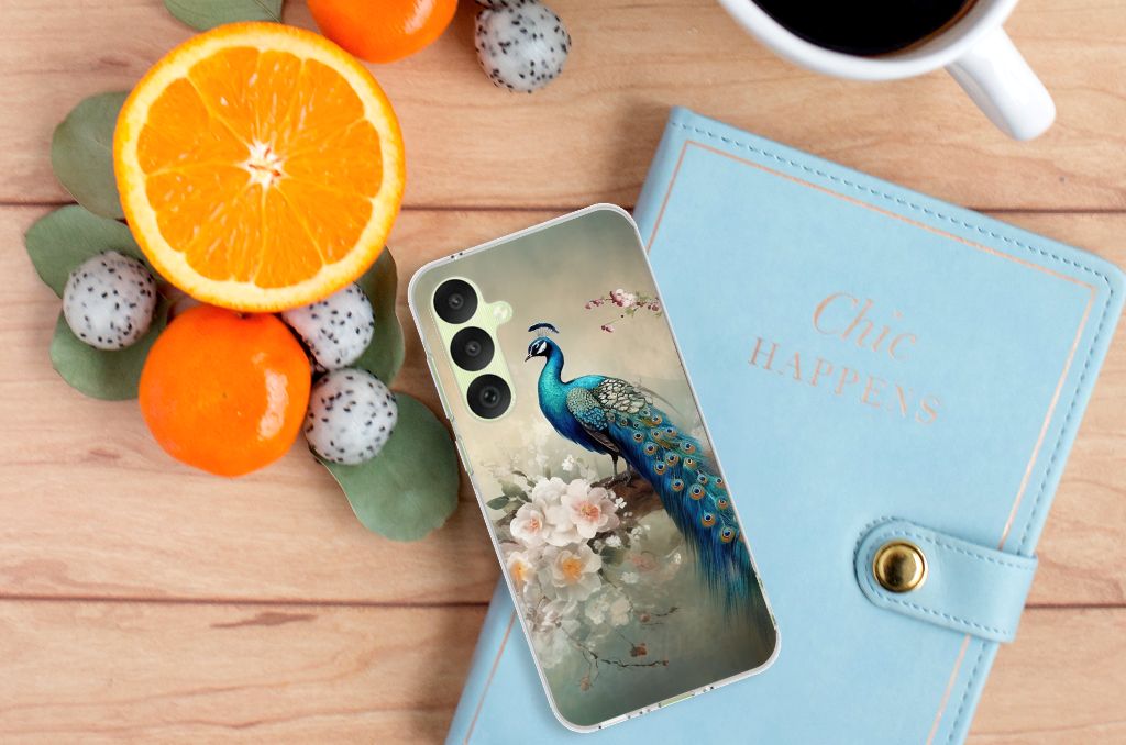 TPU Hoesje voor Samsung Galaxy A35 Vintage Pauwen telefoonhoesje bovenaanzicht met bloemen en pauw