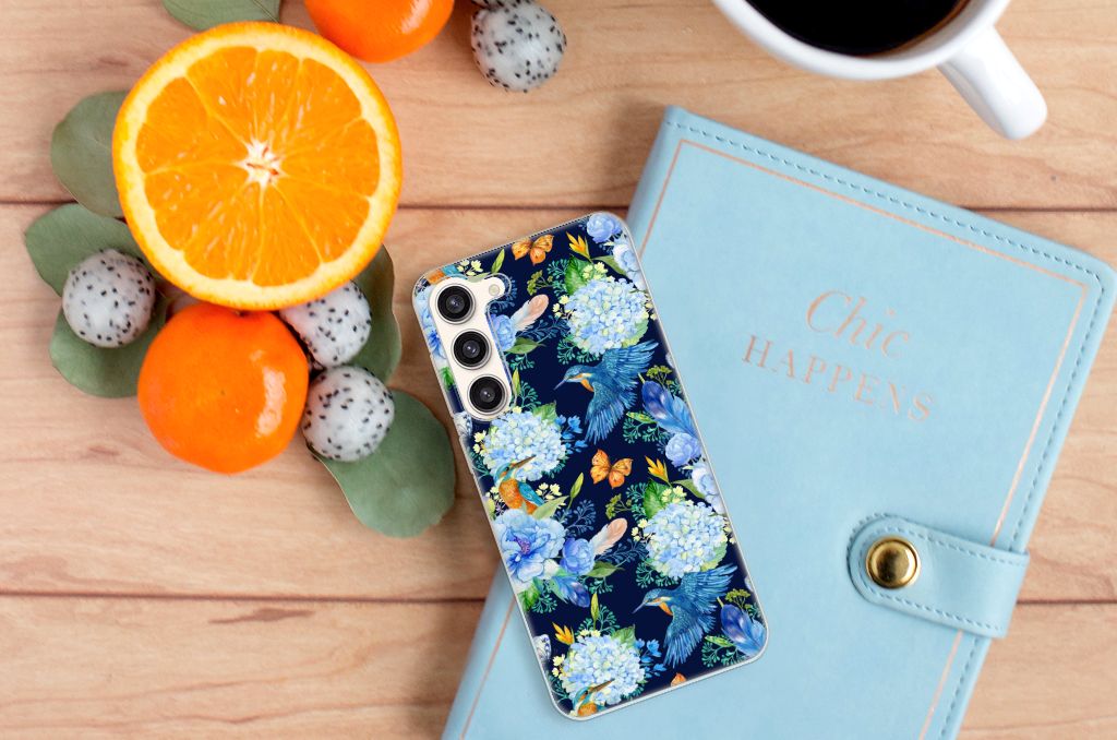 Samsung Galaxy S23 Plus TPU Hoesje IJsvogel bloemen design achterkant