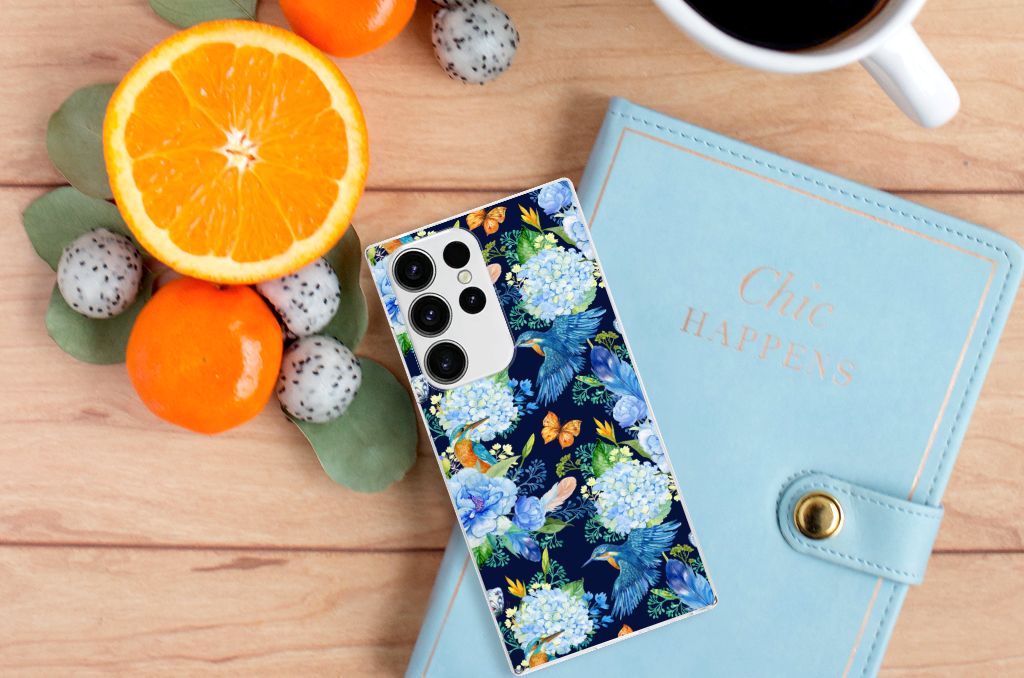 Samsung Galaxy S23 Ultra TPU Hoesje IJsvogel bloemen boven