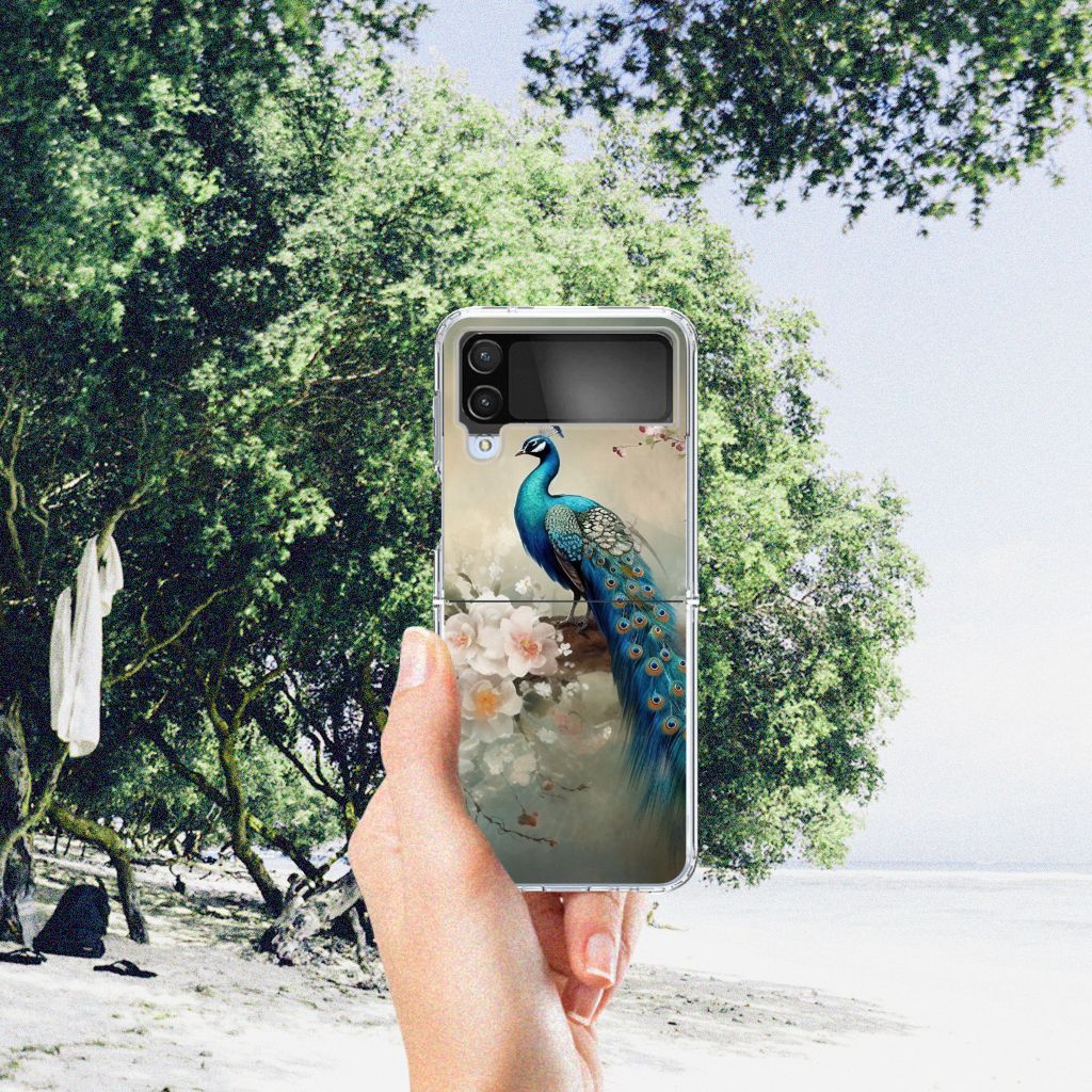 TPU Hoesje voor Samsung Galaxy Z Flip 4 Vintage Pauwen peacock design hand beach
