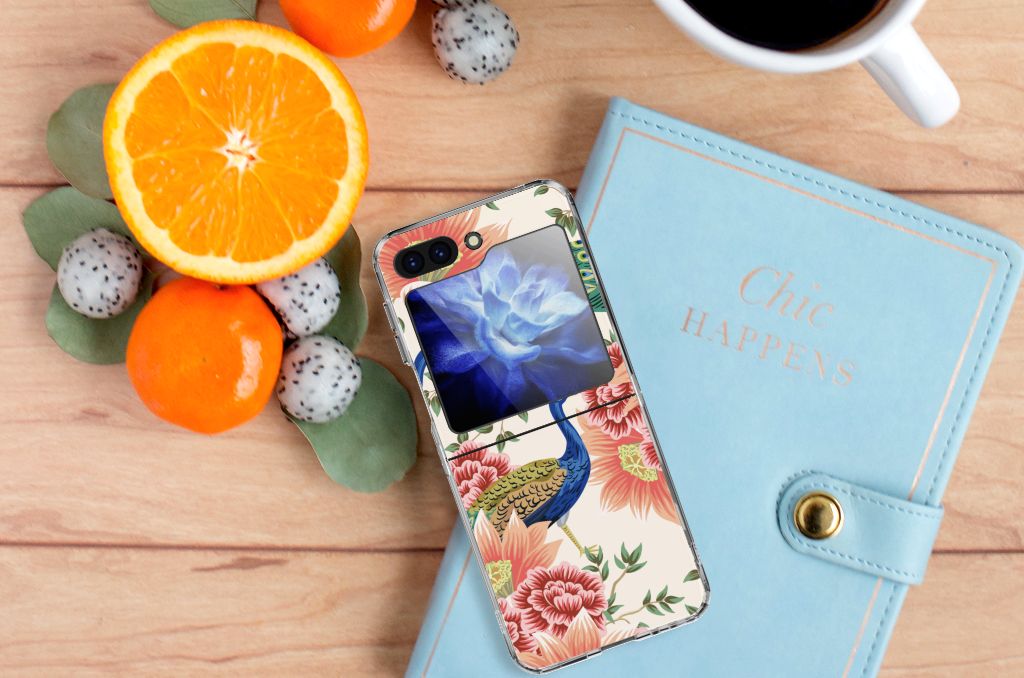 Samsung Galaxy Z Flip 5 TPU Hoesje Pink Peacock design bovenaanzicht
