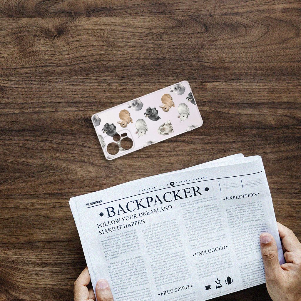 TPU Hoesje voor Xiaomi Poco F5 Konijntjes design voorkant op tafel met krant