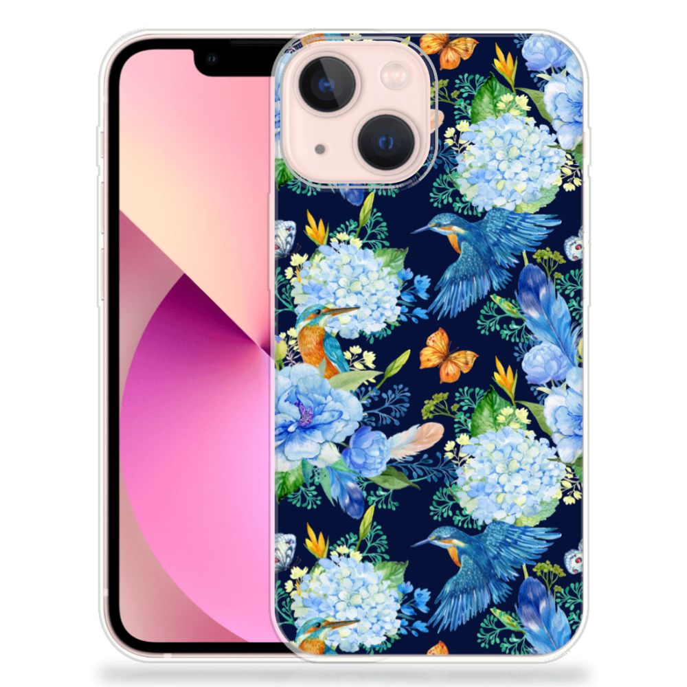TPU Hoesje voor iPhone 13 mini IJsvogel met bloemen en ijsvogels design 🌼