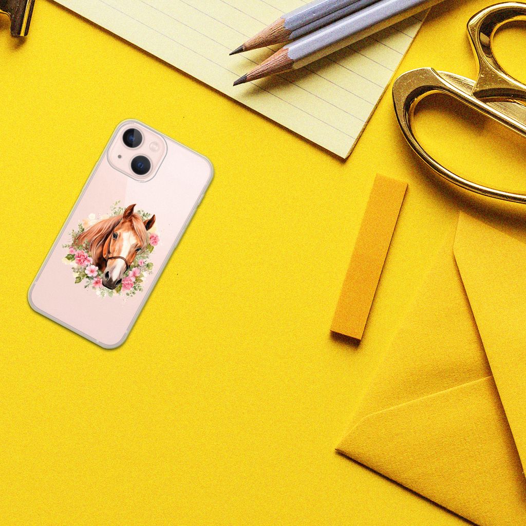 TPU Hoesje voor iPhone 13 mini Paard met bloemen op een gele achtergrond