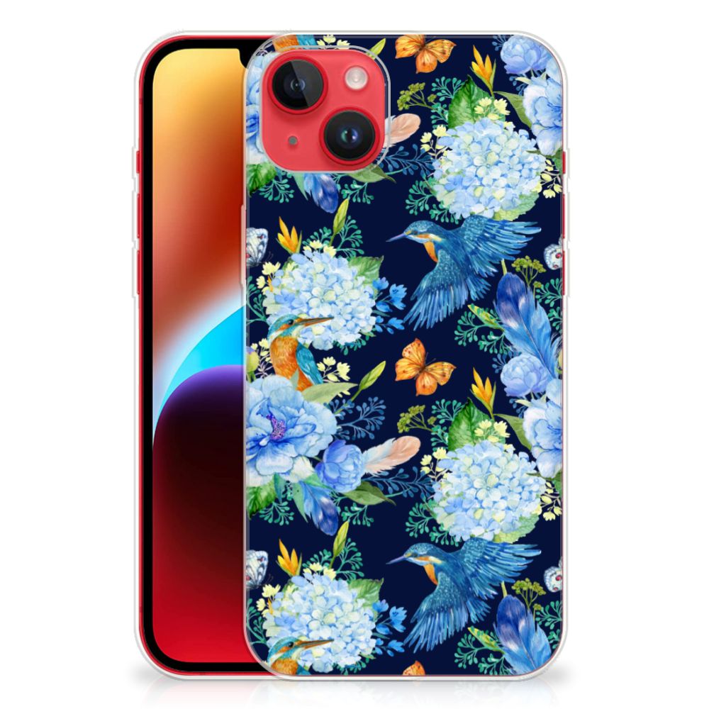 TPU Hoesje voor iPhone 14 Plus IJsvogel met bloemen en vlinders, kleurrijk en lichtgewicht ontwerp.
