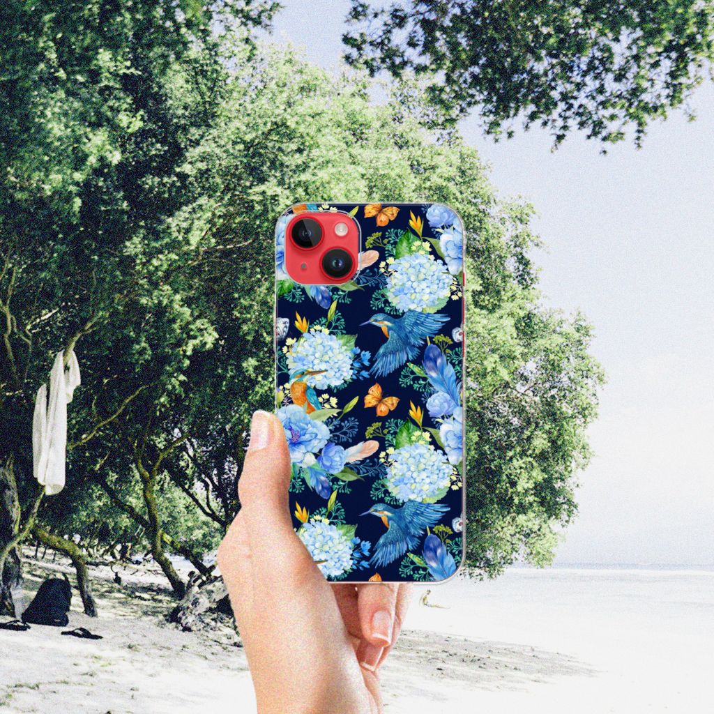 TPU Hoesje voor iPhone 14 Plus IJsvogel met bloemenprint, perfect voor de natuur! 🌼