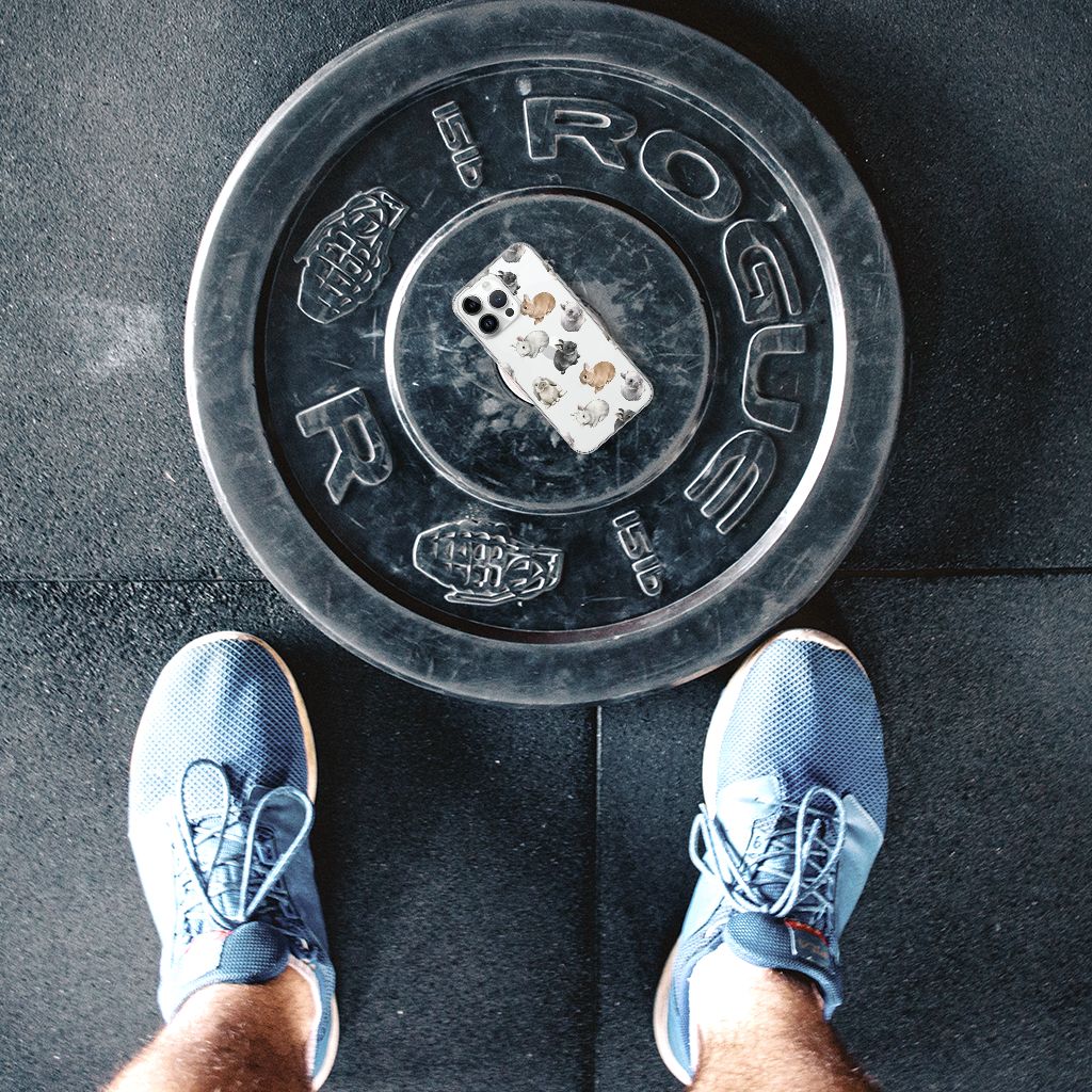 TPU Hoesje voor iPhone 14 Pro Max Konijntjes op een gymvloer met een gewichtsschaal.