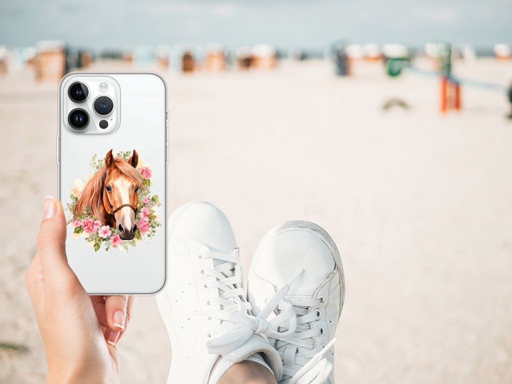 TPU Hoesje voor iPhone 14 Pro Max Paard telefoonhoesje paard met bloemen hand in sneakers