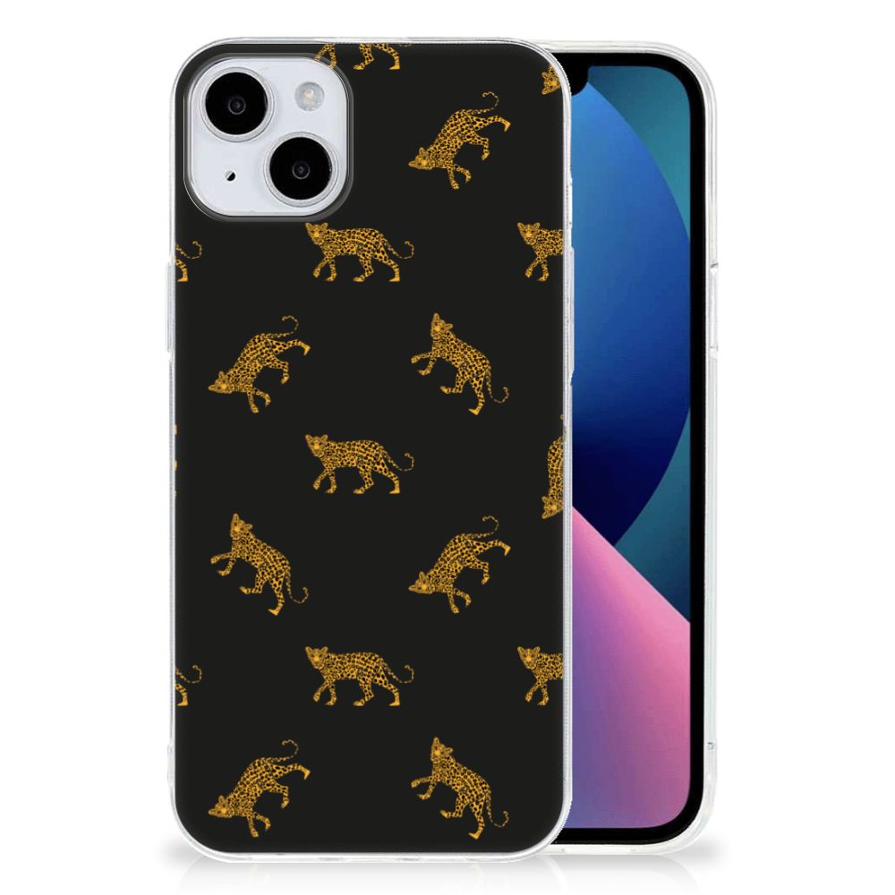 TPU Hoesje voor iPhone 15 Plus Leopards met luipaardenprint op zwarte achtergrond.