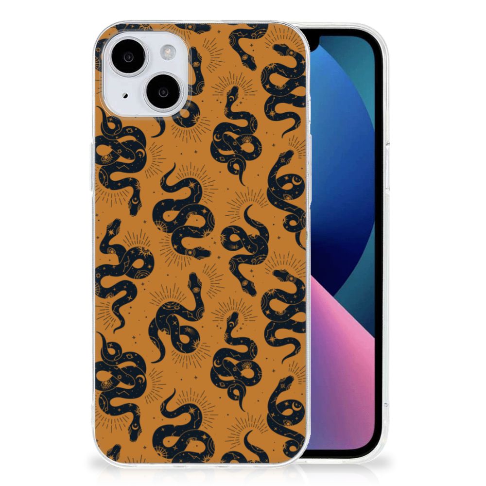 TPU Hoesje voor iPhone 15 Plus Snakes met slangenpatroon op een bruine achtergrond.