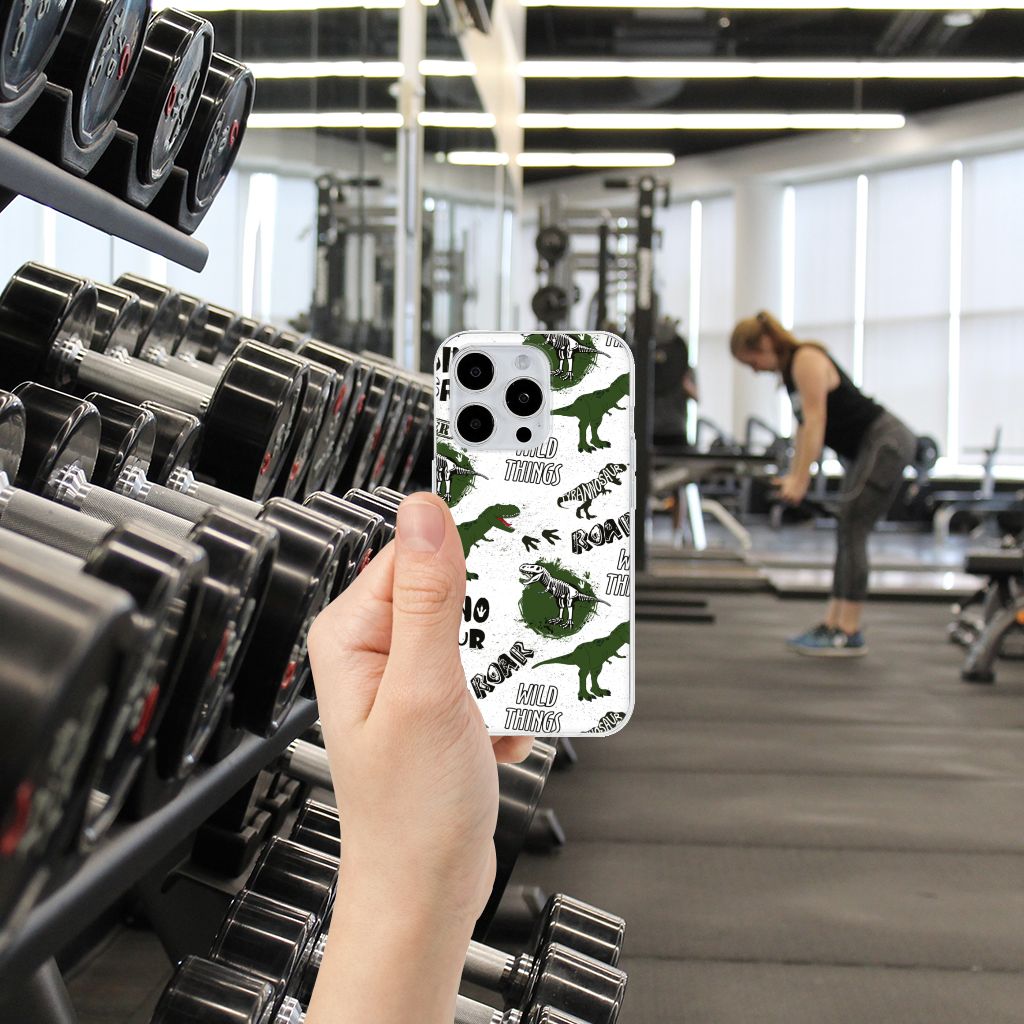 TPU Hoesje voor iPhone 15 Pro Dinosaurus met dino print in de sportschool 🦖.