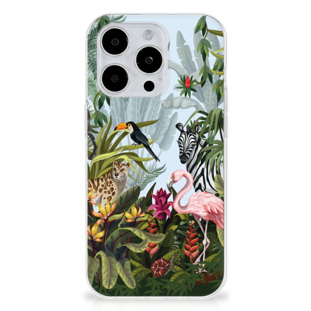 TPU Hoesje voor iPhone 15 Pro Jungle met dieren zoals een tucaan, zebra 🦓 en flamingo.