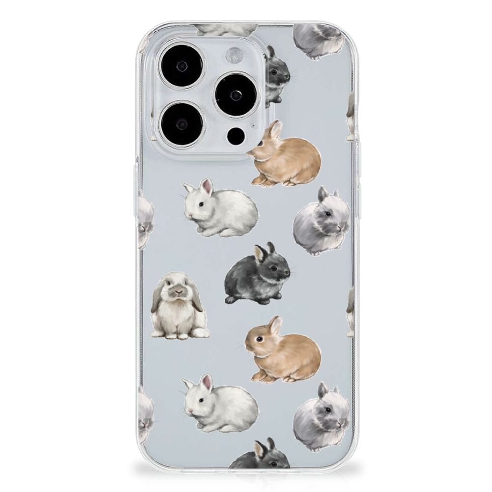 TPU Hoesje voor iPhone 15 Pro Konijntjes met schattige konijnen in verschillende kleuren.