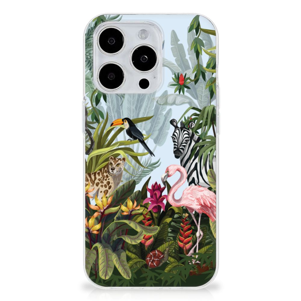 TPU Hoesje voor iPhone 15 Pro Max Jungle met kleurrijke dieren🦓 en tropische bladeren.