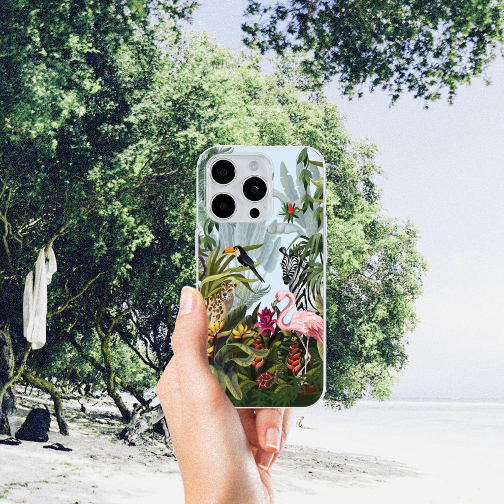 TPU Hoesje voor iPhone 15 Pro Max Jungle met tropisch dieren ontwerp en kleurrijke planten 🌺