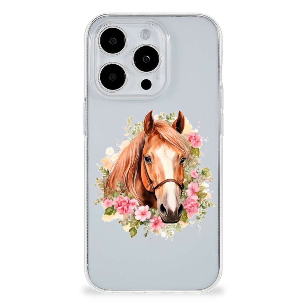 TPU Hoesje voor iPhone 15 Pro Paard met een prachtige paardenafbeelding en bloemen.
