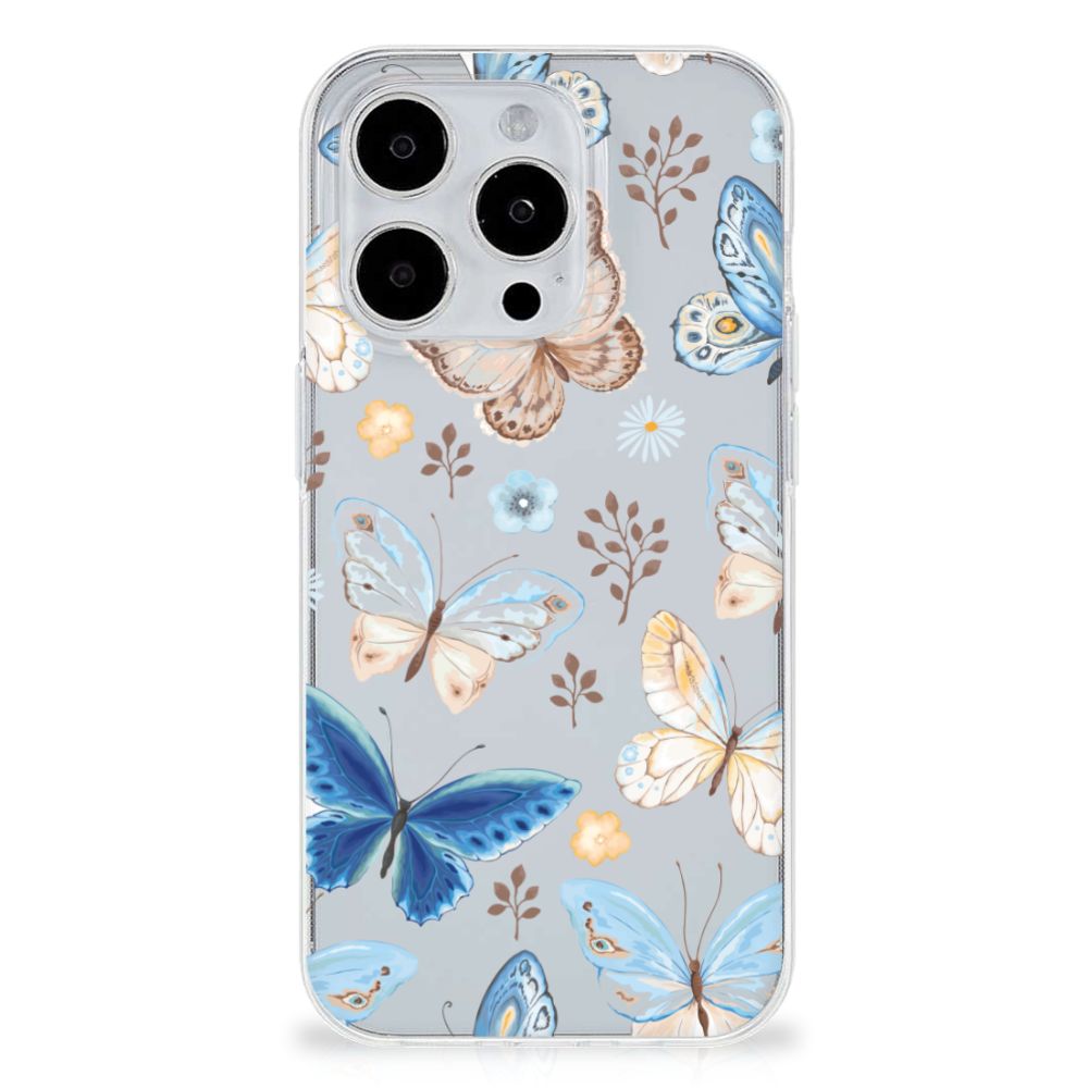 TPU Hoesje voor iPhone 15 Pro Vlinder met kleurrijke vlinders op een grijze achtergrond 🦋.
