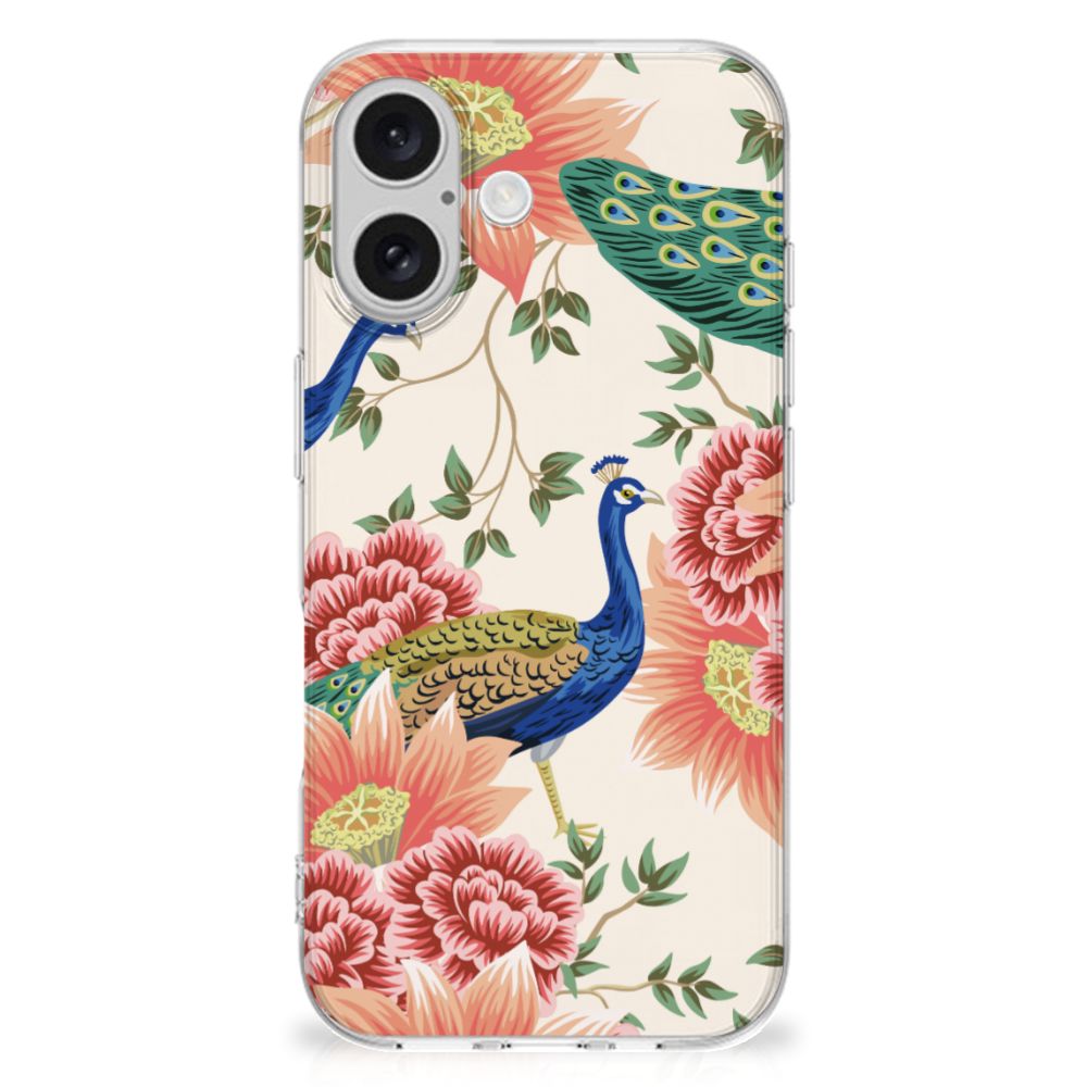 TPU Hoesje voor iPhone 16 Pink Peacock design pauwen bloemetjes achterkant