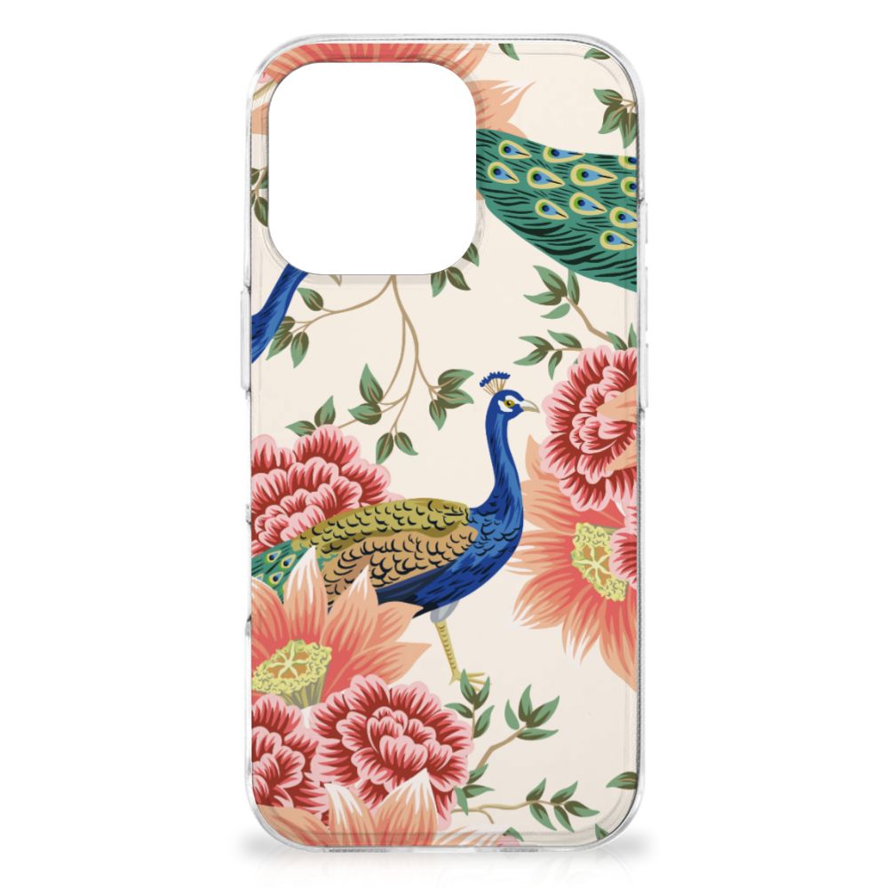 TPU Hoesje voor iPhone 16 Pro Pink Peacock achterkant design pauw bloemen
