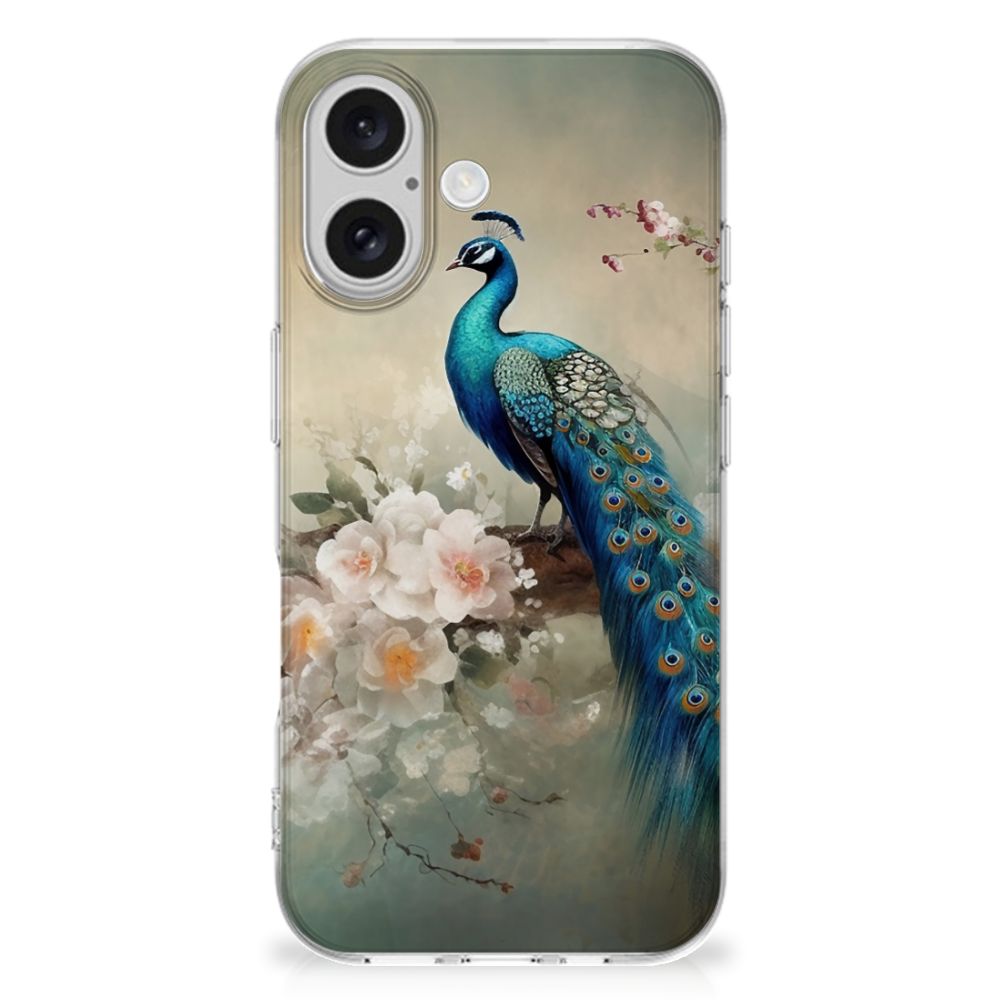 TPU Hoesje voor iPhone 16 plus Vintage Pauwen pauwen bloemen design zijkant