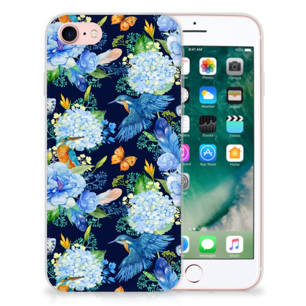 TPU Hoesje voor iPhone SE 2022 | SE 2020 | 8 | 7 IJsvogel met bloemen en blauw kleurdesign.