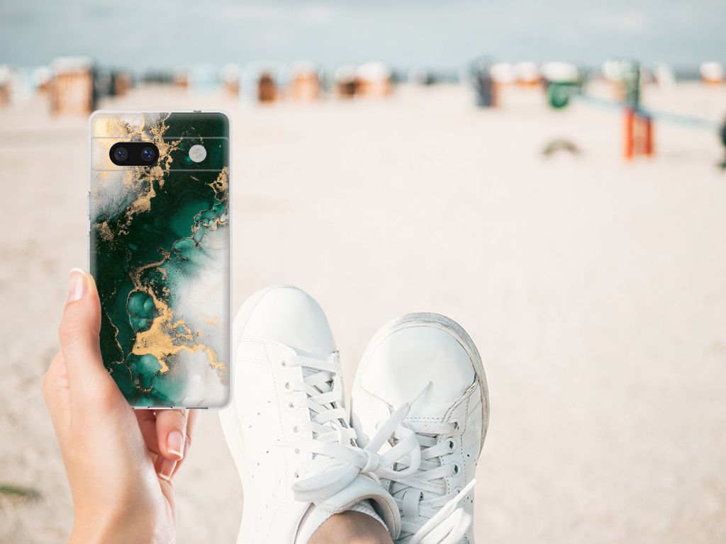 Google Pixel 7A TPU Siliconen Hoesje voor Google Pixel 7A Marmer Groen Vooraanzicht.