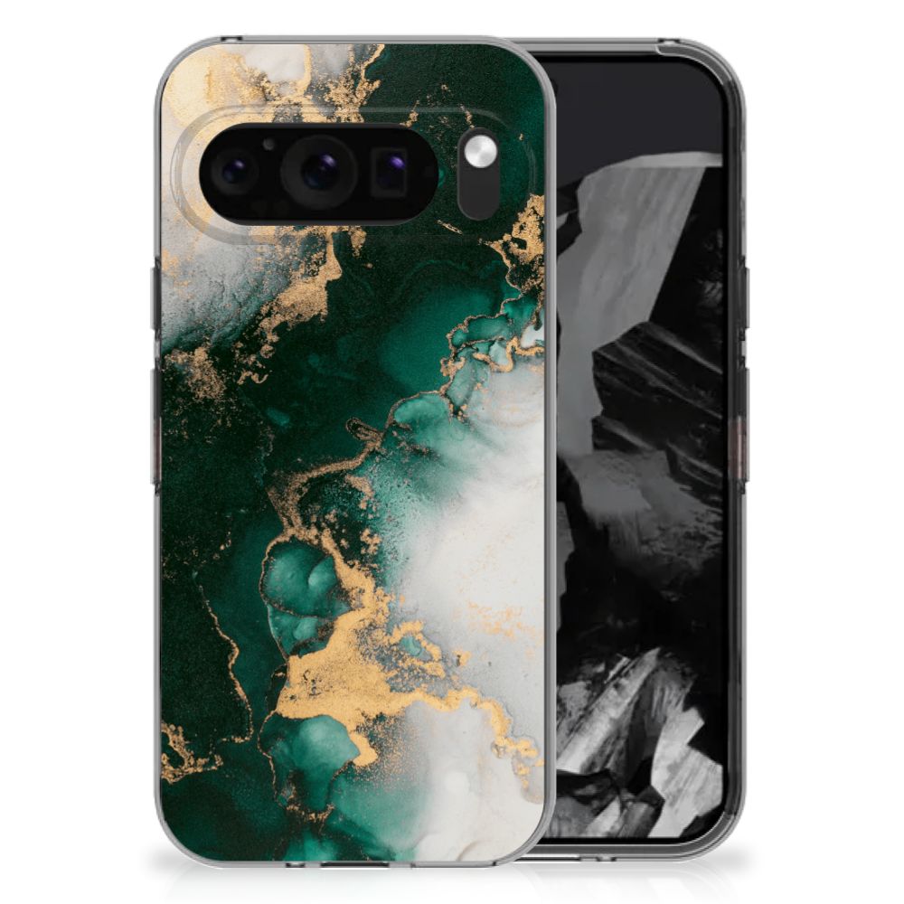 Google Pixel 9 Pro XL TPU Siliconen Hoesje Marmer Groen achterzijde