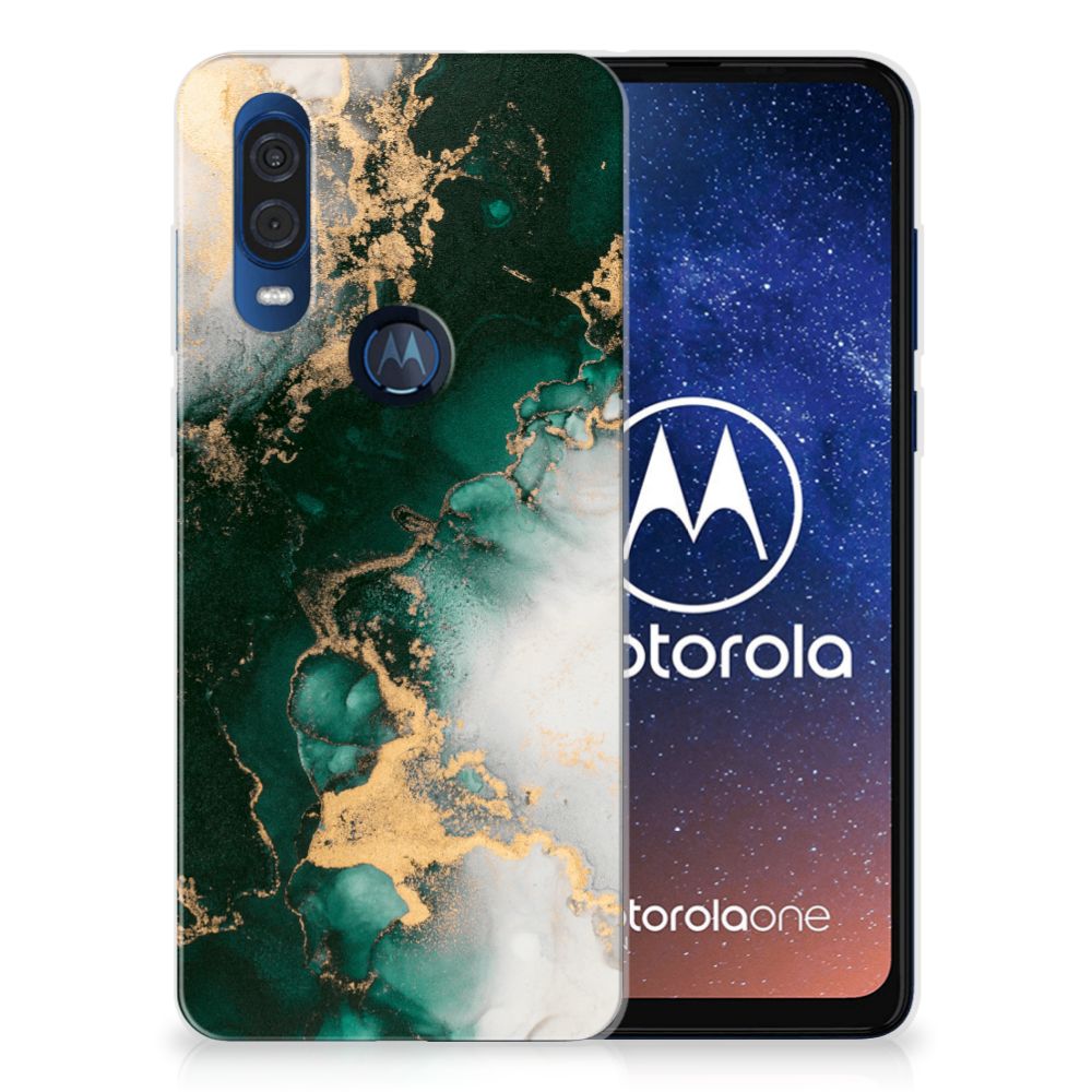 Motorola One Vision TPU Siliconen Hoesje Marmer Groen achteraanzicht