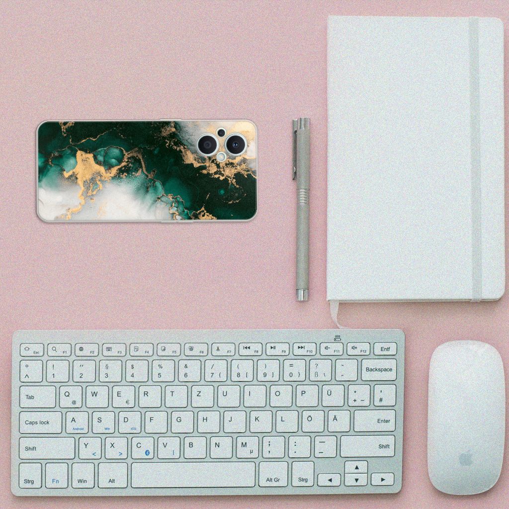 OPPO Reno8 Lite TPU Siliconen Hoesje Marmer Groen bovenaanzicht bureau toetsenbord notitieboek
