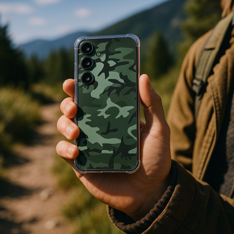 Samsung Galaxy A17 TPU Telefoonhoesje Army Light achterzijde hand buiten