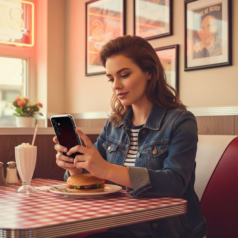 TPU Telefoonhoesje Samsung Galaxy A17 Geruit Rood vrouw telefoon restaurant hamburger