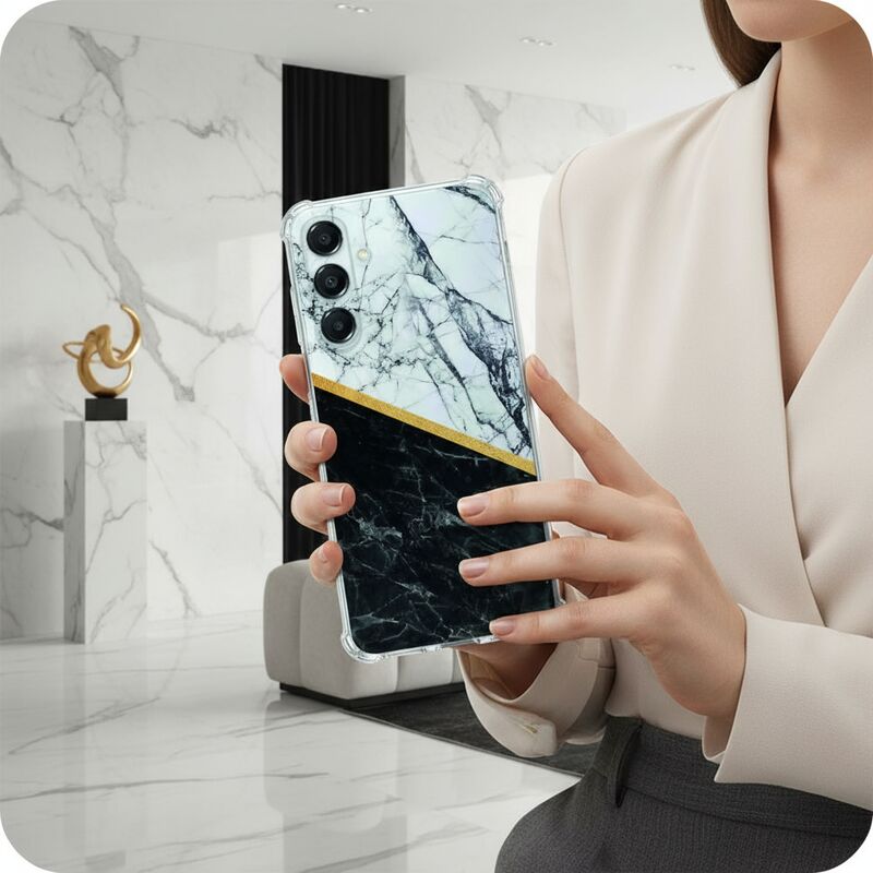 TPU Telefoonhoesje Samsung Galaxy A17 Marble White Black schokabsorberende backcover aanzicht