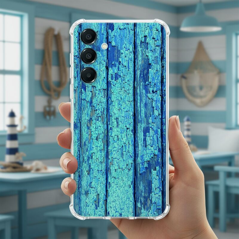 TPU Telefoonhoesje Samsung Galaxy A17 Wood Blue schokabsorberende backcover hand model design