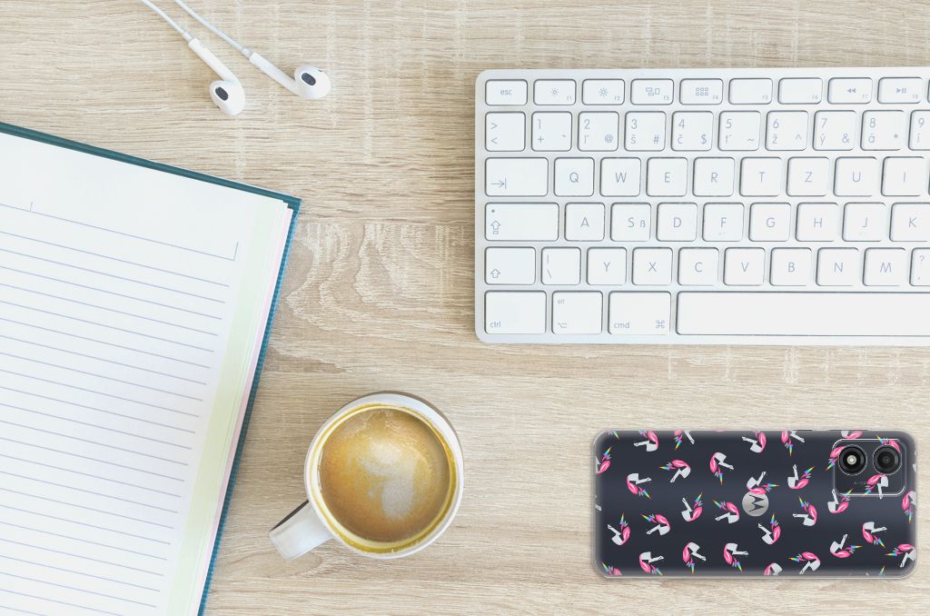Motorola Moto E13 TPU bumper Flamingo bovenaanzicht bureau