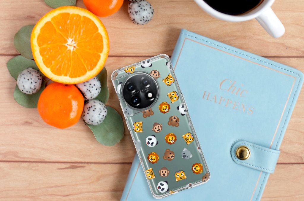 TPU bumper voor OnePlus 11 Dieren Emojis met schattige dieren emojis op een achtergrond van citrusvruchten.