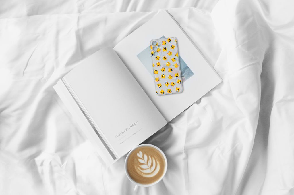 Samsung Galaxy A15 TPU bumper voor Samsung Galaxy A15 Katten Emojis boven aanzicht op boek met koffie